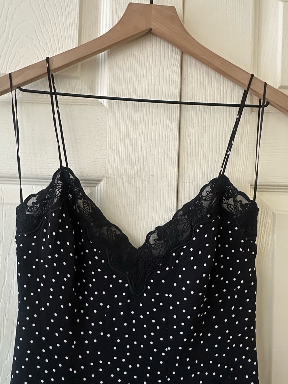 Reformation Black with White Polka Dots Lace-Trim Midi Slip Dress w/Split Sz 4 - Picture 14 of 15
